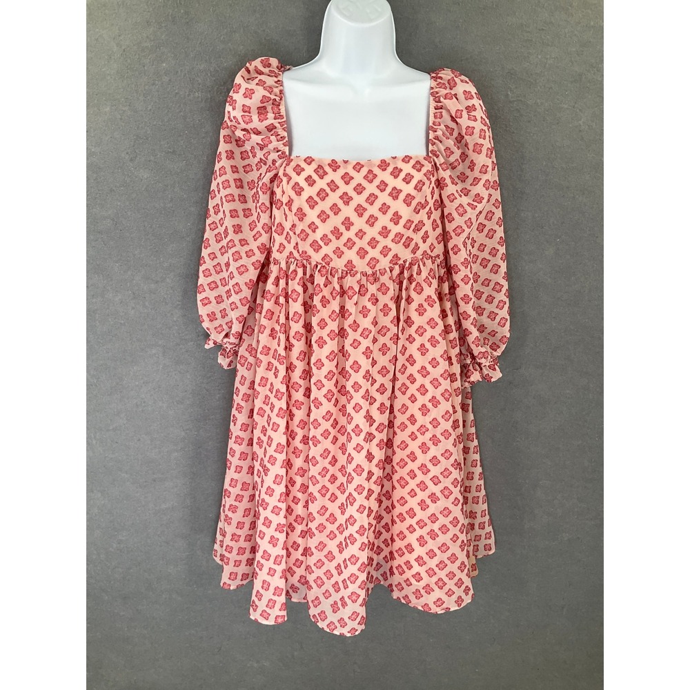 STORIA Babydoll Mini Dress Sz M Pink Red Floral Puff Sleeve Coquette Romantic